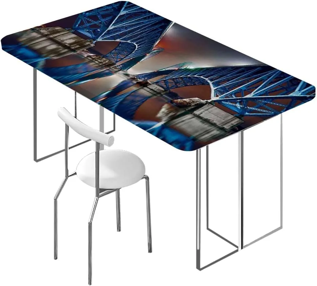 Blue Fitted Tablecloth for Rectangle Table South Grand Island Bridge Riverside Image Polyester Fitted Waterproof Outdoor Tablecloth Apartment Fits up 5 Foot Tables
