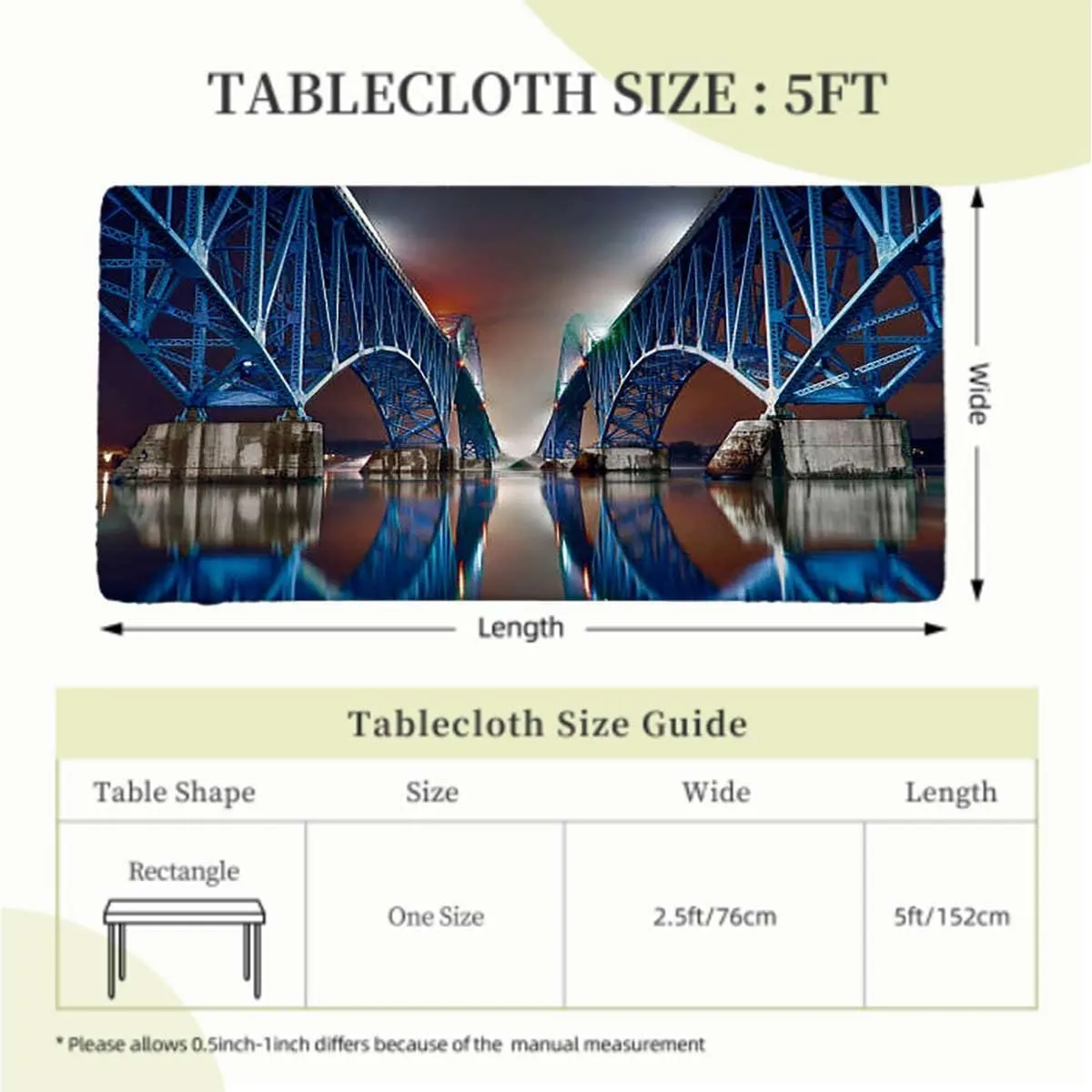 Blue Fitted Tablecloth for Rectangle Table South Grand Island Bridge Riverside Image Polyester Fitted Waterproof Outdoor Tablecloth Apartment Fits up 5 Foot Tables