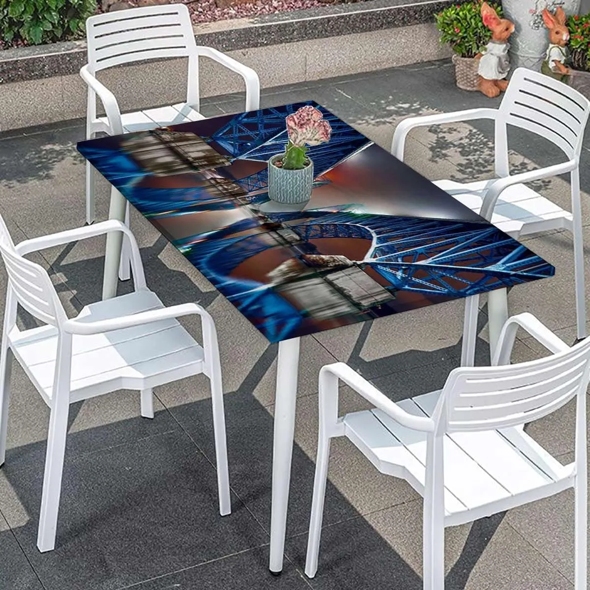 Blue Fitted Tablecloth for Rectangle Table South Grand Island Bridge Riverside Image Polyester Fitted Waterproof Outdoor Tablecloth Apartment Fits up 5 Foot Tables