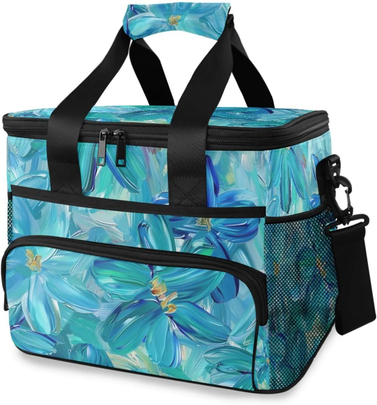 Blue Flower Oil Painting Cooler Bag Insulated Cooler Soft Sided Cooler 24 Can Portable Picnic Bag Large Leakproof Lunch Bag Box for Beach Grocery Camping Travel Car Men Women