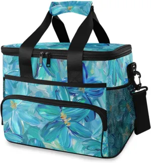 Blue Flower Oil Painting Cooler Bag Insulated Cooler Soft Sided Cooler 24 Can Portable Picnic Bag Large Leakproof Lunch Bag Box for Beach Grocery Camping Travel Car Men Women