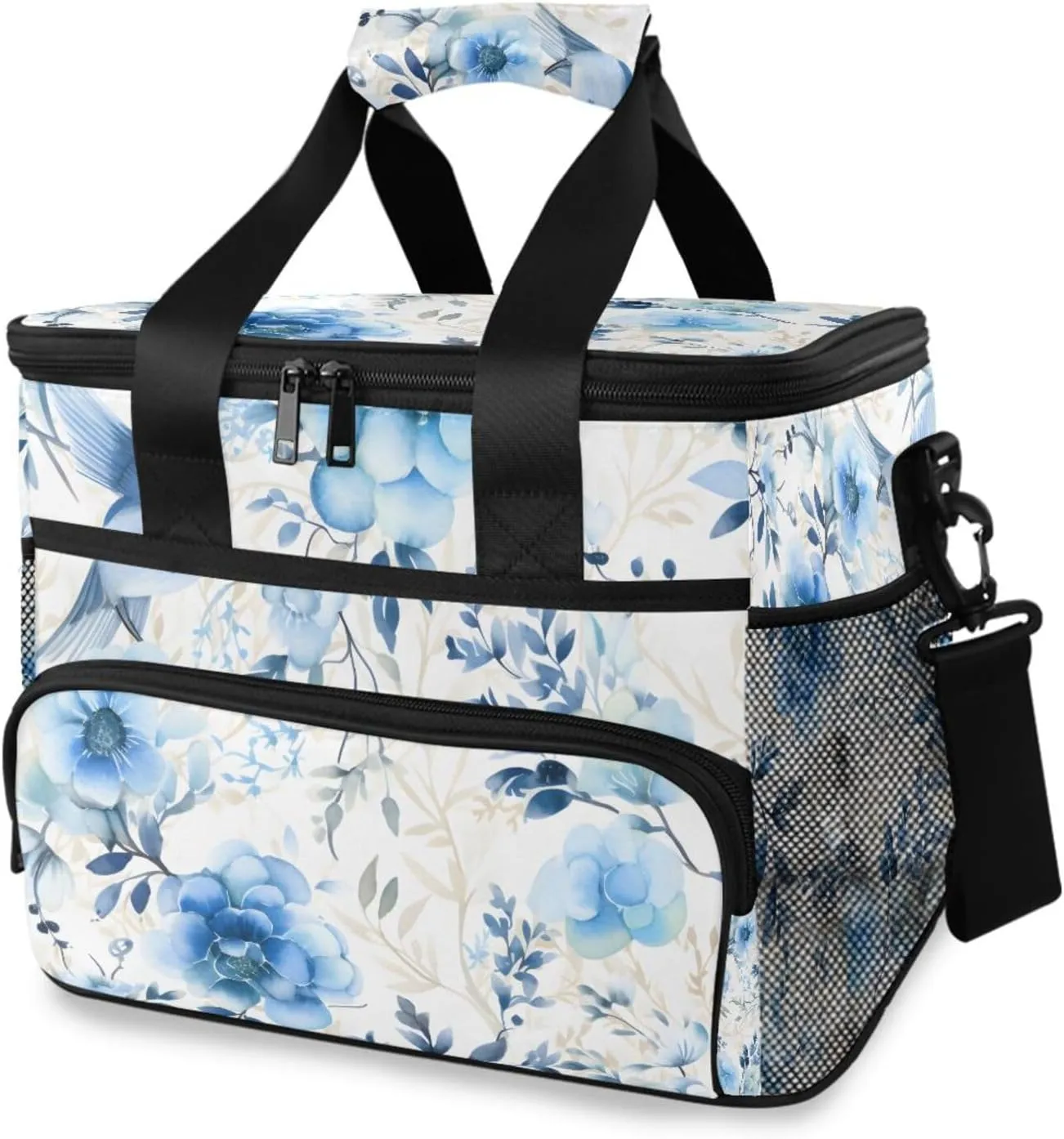Blue Flower Rose Cooler Bag Insulated Cooler Soft Sided Cooler 24 Can Portable Picnic Bag Large Leakproof Lunch Bag Box for Beach Grocery Camping Travel Car Men Women