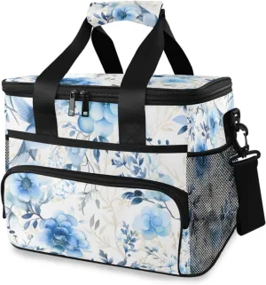 Blue Flower Rose Cooler Bag Insulated Cooler Soft Sided Cooler 24 Can Portable Picnic Bag Large Leakproof Lunch Bag Box for Beach Grocery Camping Travel Car Men Women