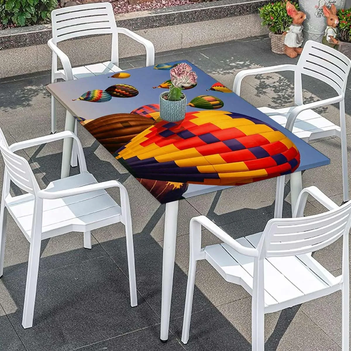 Blue Rectangle Table Cloth Cover, Nostalgic Hot Air Balloons in Sky Flying Journey Waterproof Elastic Fitted Table Covers,Camping, Indoor, Outdoor Colorful Fits up 5 Foot Tables