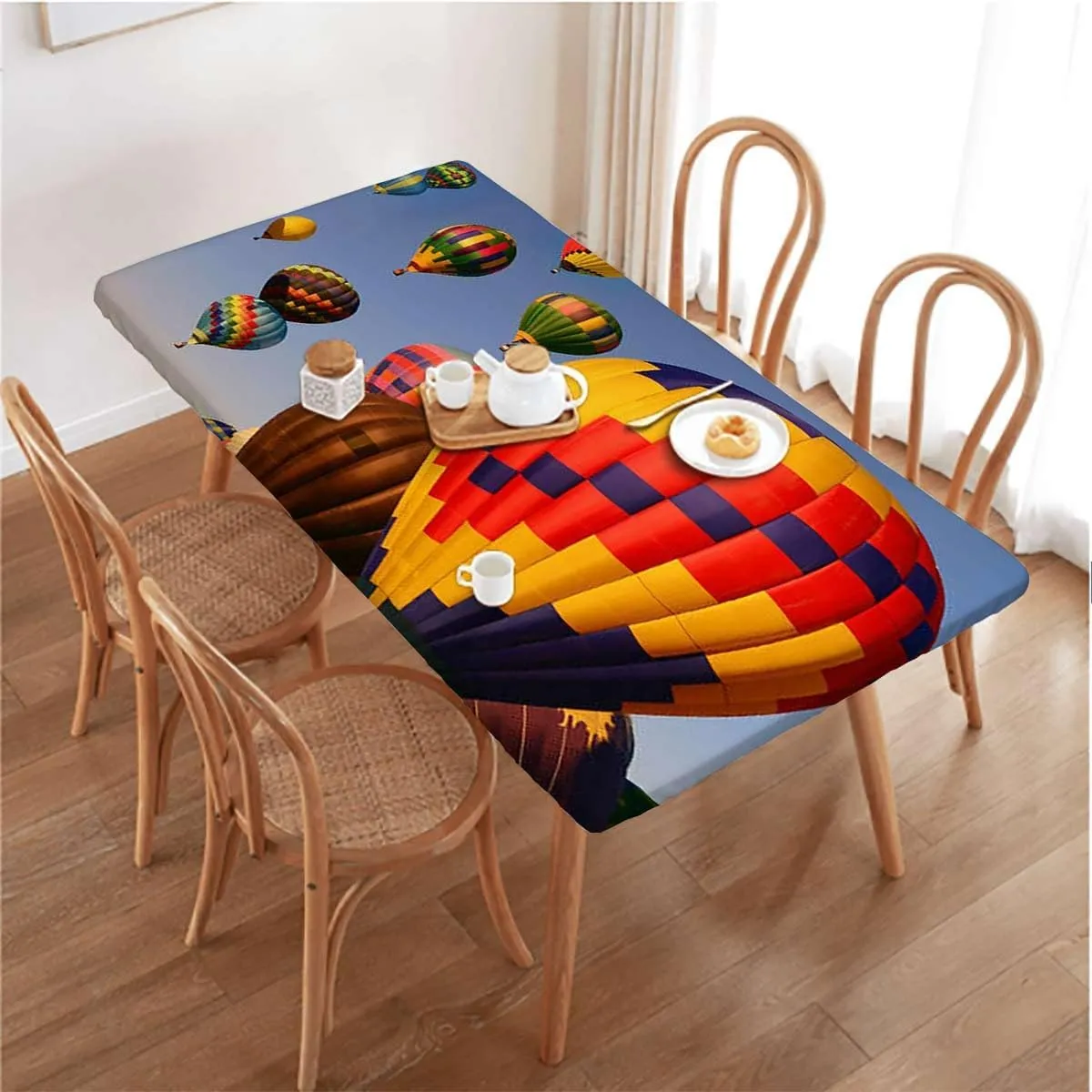 Blue Rectangle Table Cloth Cover, Nostalgic Hot Air Balloons in Sky Flying Journey Waterproof Elastic Fitted Table Covers,Camping, Indoor, Outdoor Colorful Fits up 5 Foot Tables