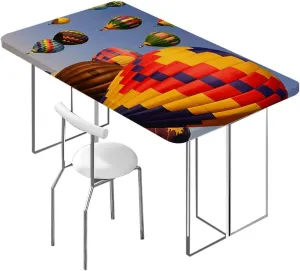 Blue Rectangle Table Cloth Cover, Nostalgic Hot Air Balloons in Sky Flying Journey Waterproof Elastic Fitted Table Covers,Camping, Indoor, Outdoor Colorful Fits up 5 Foot Tables