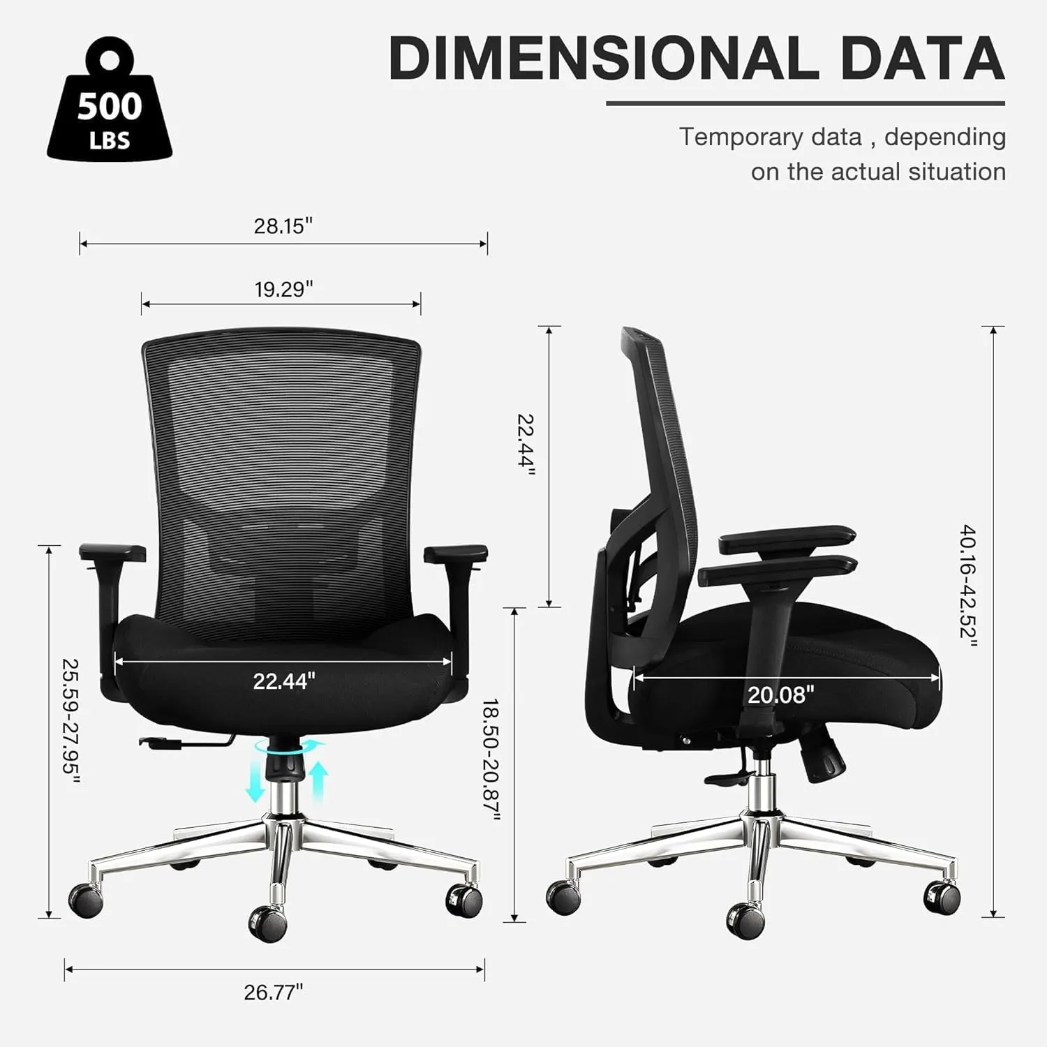 Blue Whale 500lbs Big and Tall Office Chair with 4D Armrests, Ergonomic Oversize Mesh Office Chair Widen 3D Cushion and Adjustable Lumbar Support Heavy Duty Office Chairs (500LB, Black)