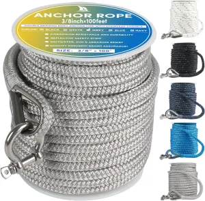 Boat Anchor Rope 100 ft x 3/8 inch Grey, Double Braided Anchor Line with Stainless Steel Thimble & Shackle, Marine Rope Ideal for Towing,Mooring,Decks,Anchoring,for Boats Up to 27'