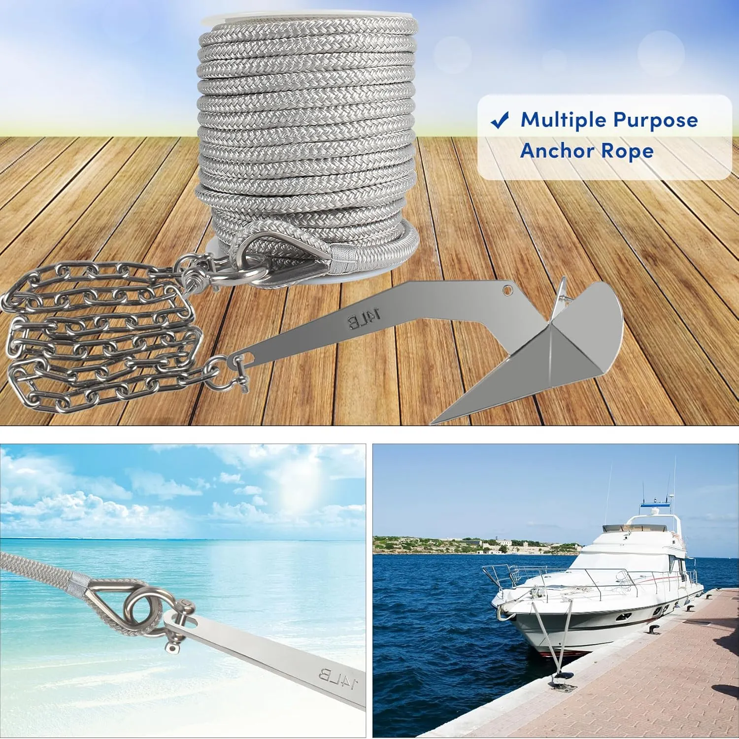 Boat Anchor Rope 100 ft x 3/8 inch Grey, Double Braided Anchor Line with Stainless Steel Thimble & Shackle, Marine Rope Ideal for Towing,Mooring,Decks,Anchoring,for Boats Up to 27'