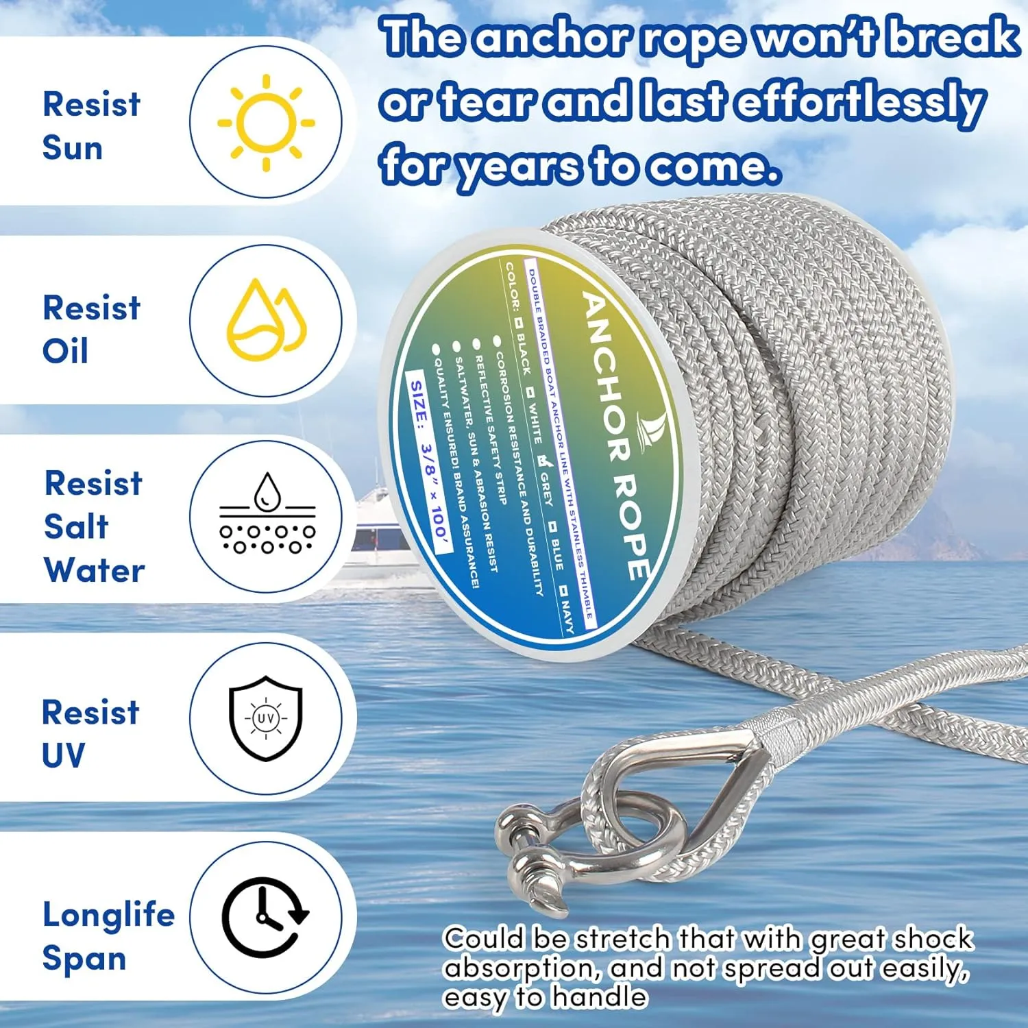 Boat Anchor Rope 100 ft x 3/8 inch Grey, Double Braided Anchor Line with Stainless Steel Thimble & Shackle, Marine Rope Ideal for Towing,Mooring,Decks,Anchoring,for Boats Up to 27'