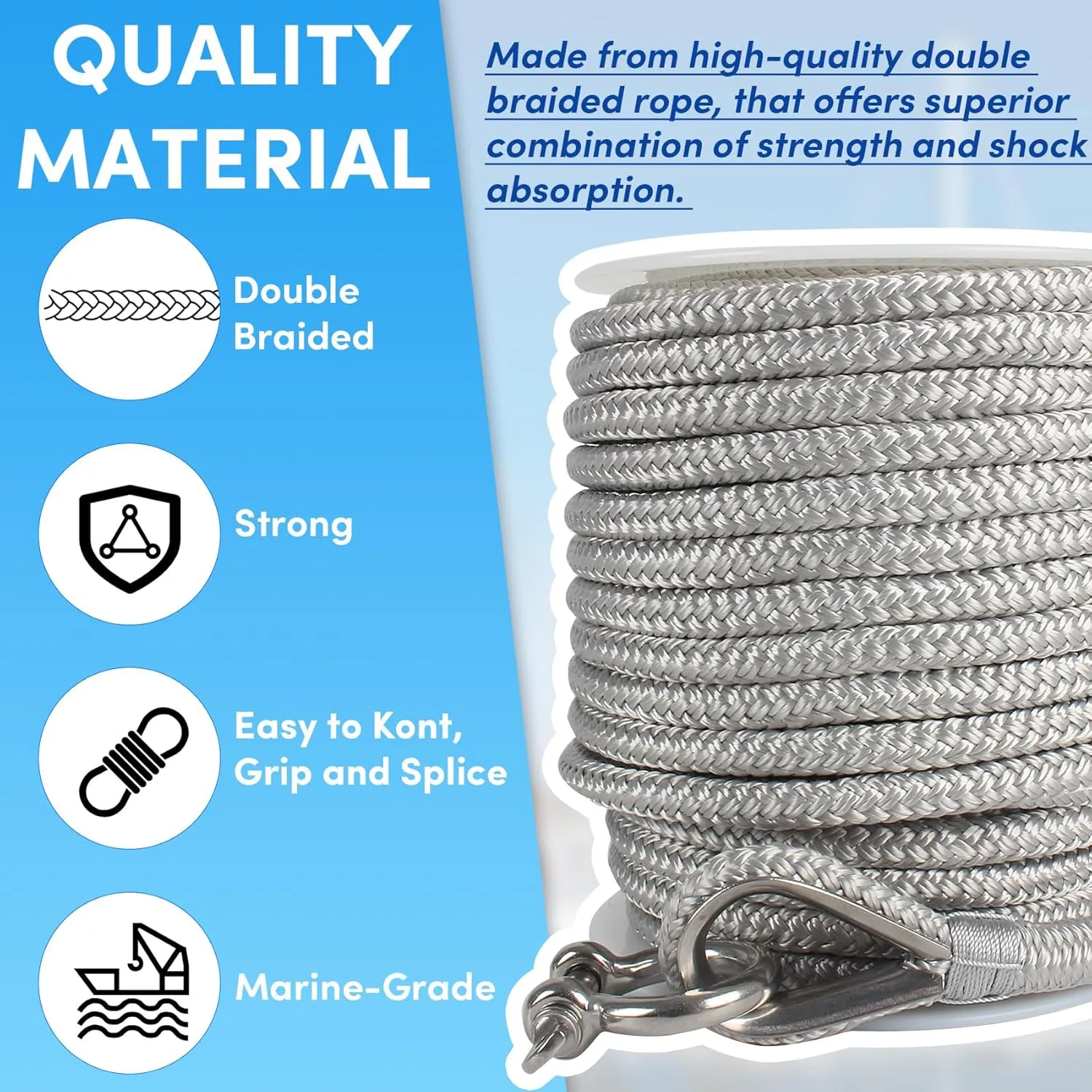 Boat Anchor Rope 100 ft x 3/8 inch Grey, Double Braided Anchor Line with Stainless Steel Thimble & Shackle, Marine Rope Ideal for Towing,Mooring,Decks,Anchoring,for Boats Up to 27'