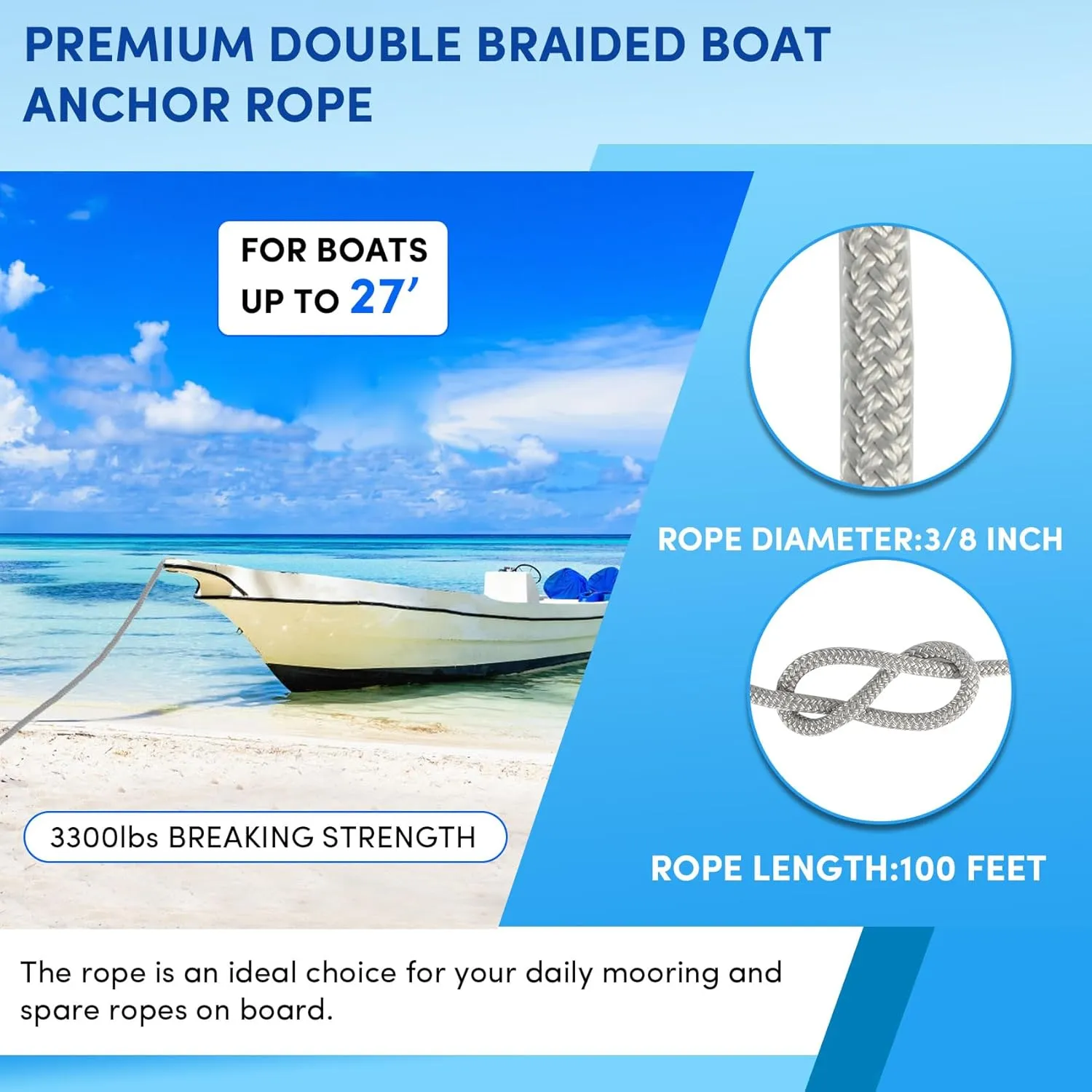 Boat Anchor Rope 100 ft x 3/8 inch Grey, Double Braided Anchor Line with Stainless Steel Thimble & Shackle, Marine Rope Ideal for Towing,Mooring,Decks,Anchoring,for Boats Up to 27'