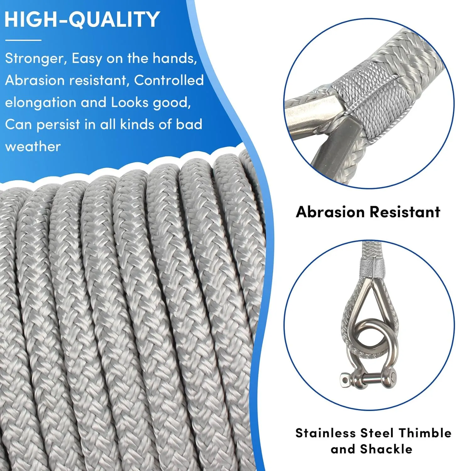 Boat Anchor Rope 100 ft x 3/8 inch Grey, Double Braided Anchor Line with Stainless Steel Thimble & Shackle, Marine Rope Ideal for Towing,Mooring,Decks,Anchoring,for Boats Up to 27'