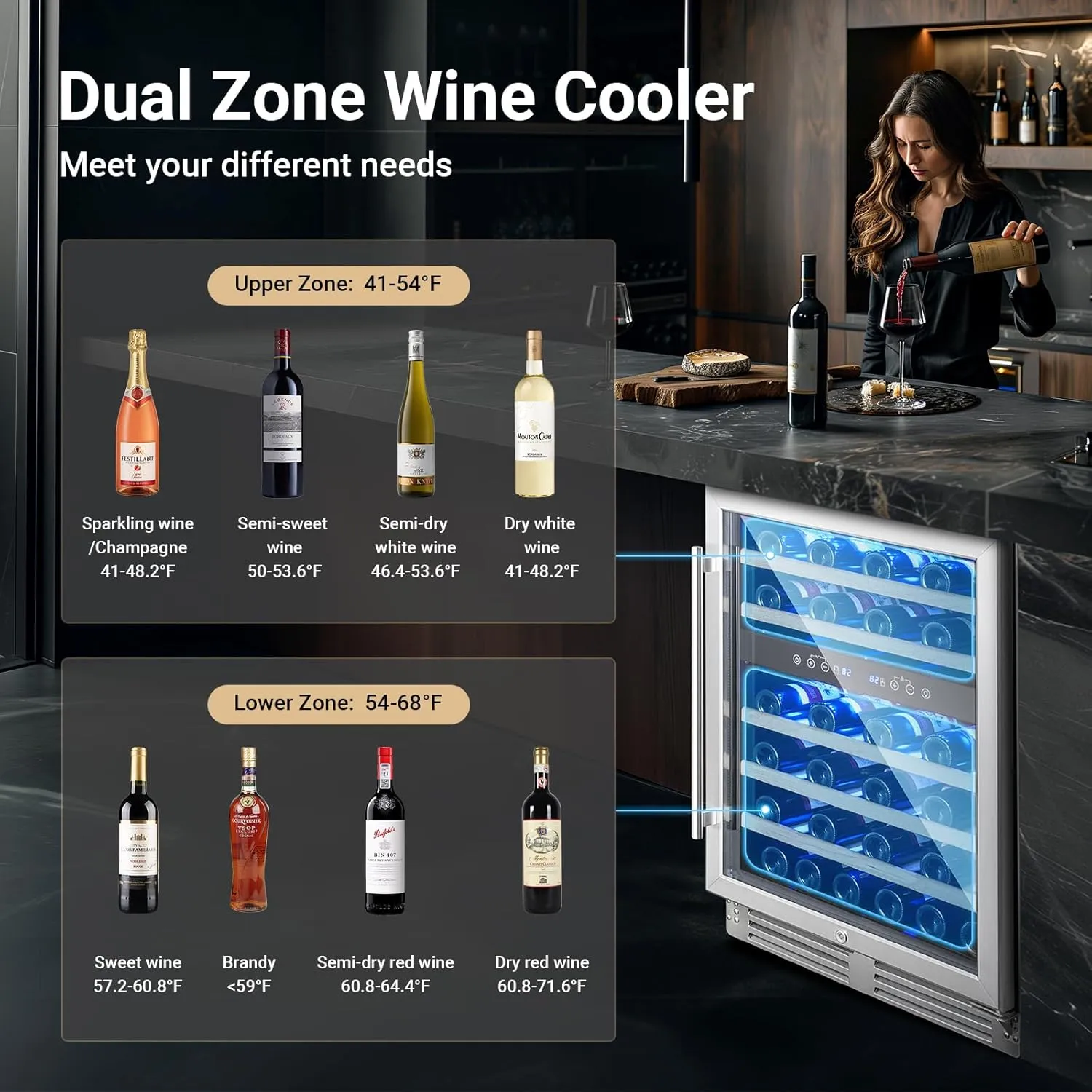 BODEGA 24 Inch Wine Cooler Refrigerator, 46 Bottle Dual Zone Wine Fridge with Double-Layer Tempered Glass Door,wine refrigerator with Temperature Memory Function, Built-in or Freestanding wine cooler.