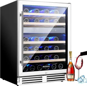 BODEGA 24 Inch Wine Cooler Refrigerator, 46 Bottle Dual Zone Wine Fridge with Double-Layer Tempered Glass Door,wine refrigerator with Temperature Memory Function, Built-in or Freestanding wine cooler.