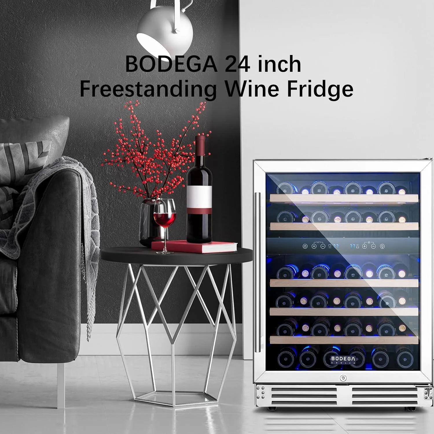 BODEGA 24 Inch Wine Cooler Refrigerator, 46 Bottle Dual Zone Wine Fridge with Double-Layer Tempered Glass Door,wine refrigerator with Temperature Memory Function, Built-in or Freestanding wine cooler.