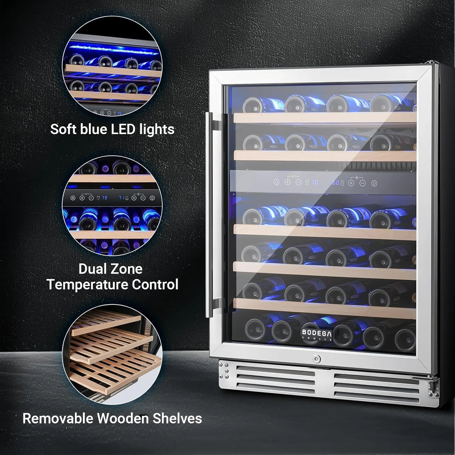 BODEGA 24 Inch Wine Cooler Refrigerator, 46 Bottle Dual Zone Wine Fridge with Double-Layer Tempered Glass Door,wine refrigerator with Temperature Memory Function, Built-in or Freestanding wine cooler.
