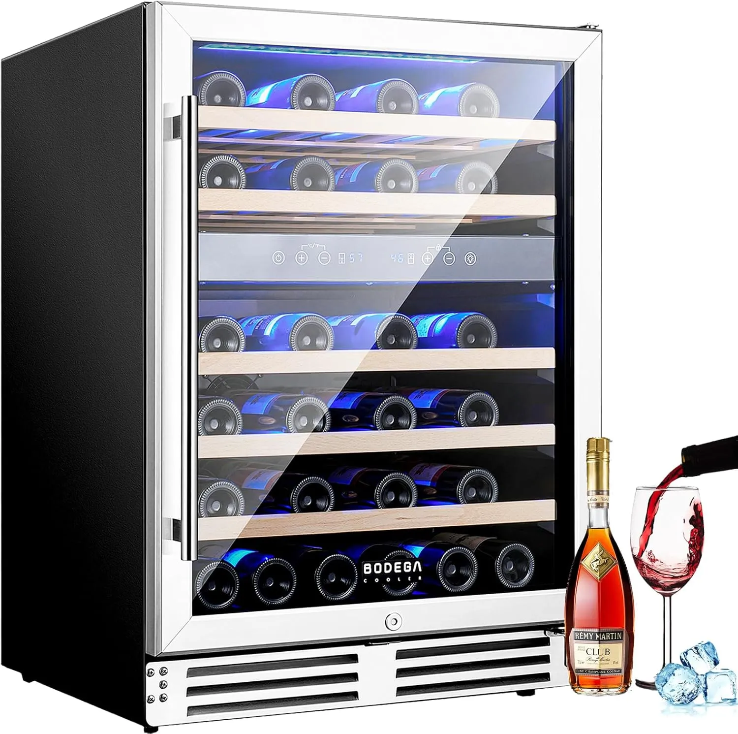 BODEGA 24 Inch Wine Cooler Refrigerator, 46 Bottle Dual Zone Wine Fridge with Double-Layer Tempered Glass Door,wine refrigerator with Temperature Memory Function, Built-in or Freestanding wine cooler.