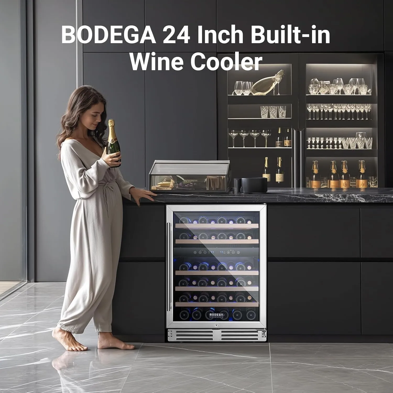 BODEGA 24 Inch Wine Cooler Refrigerator, 46 Bottle Dual Zone Wine Fridge with Double-Layer Tempered Glass Door,wine refrigerator with Temperature Memory Function, Built-in or Freestanding wine cooler.