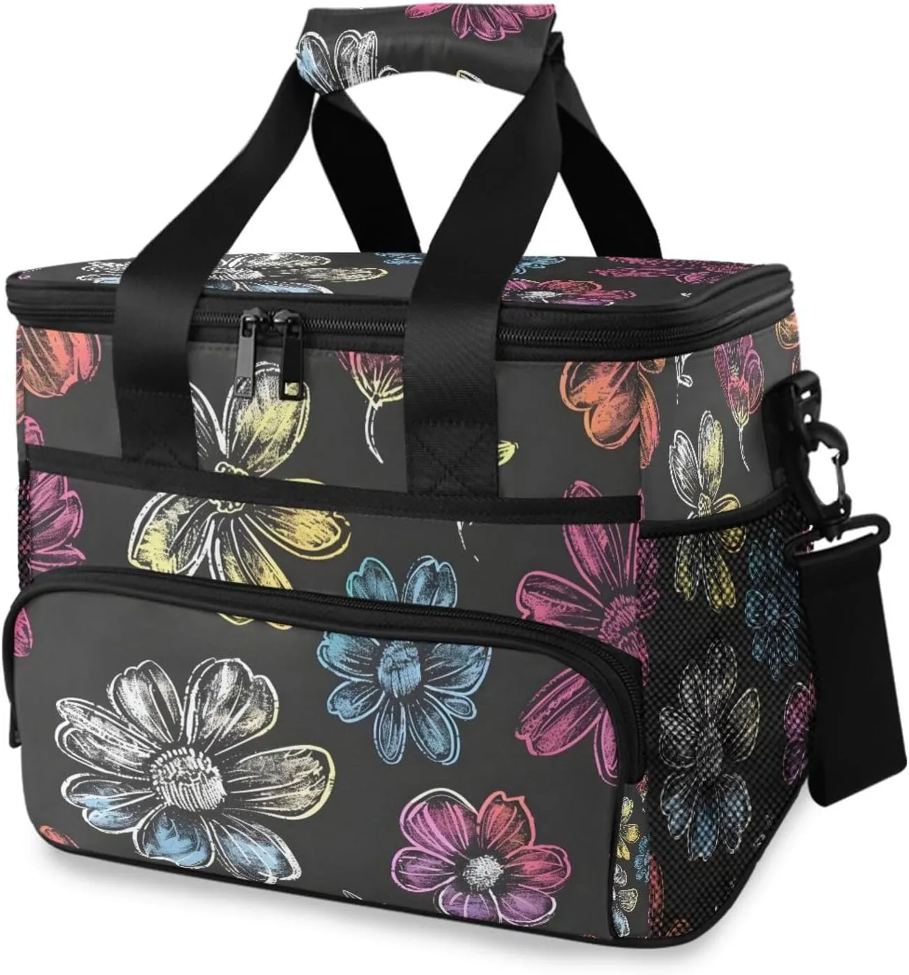 Boho Aztec Paisley Flowers Black Cooler Bag Insulated Cooler Soft Sided Cooler 24 Can Portable Picnic Bag Large Leakproof Lunch Bag Box for Beach Grocery Camping Travel Car Men Women