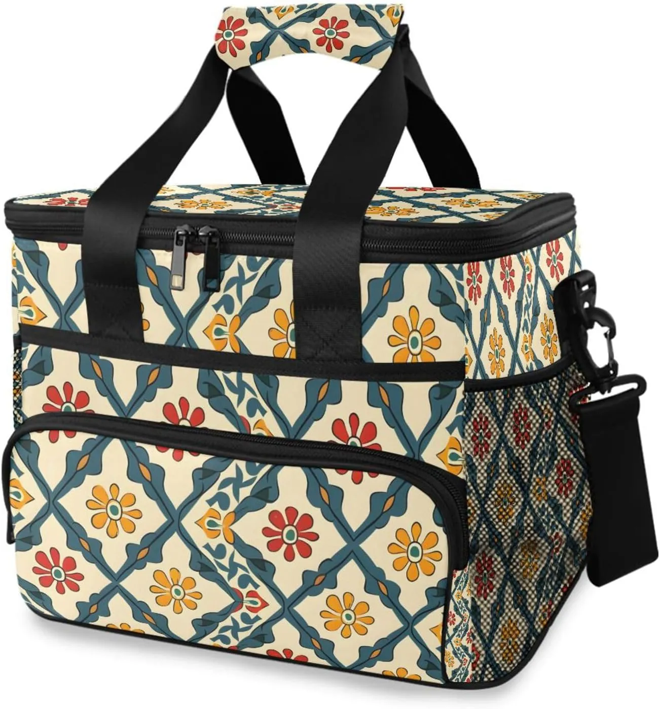 Boho Aztec Paisley Flowers Cooler Bag Insulated Cooler Soft Sided Cooler 24 Can Portable Picnic Bag Large Leakproof Lunch Bag Box for Beach Grocery Camping Travel Car Men Women