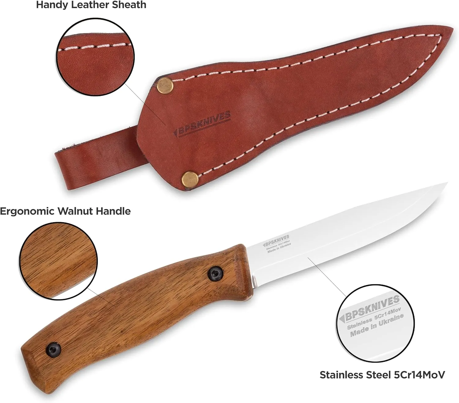 BPS Knives BS3 SSH- Fixed-Blade Bushcraft Knife - Stainless Steel Knife with Leather Sheath - Outdoor Full Tang Camping Knives - Survival Tactical Sharp Camp Blade