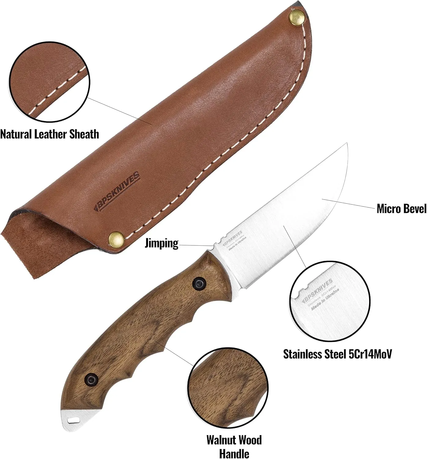 BPS Knives HK4 SSH - Fixed-Blade Stainless Steel Knife - Camping Full-Tang Knives with Leather Sheath - Survival Tactical Handmade Camp Knives- Utility Bushcraft Knife