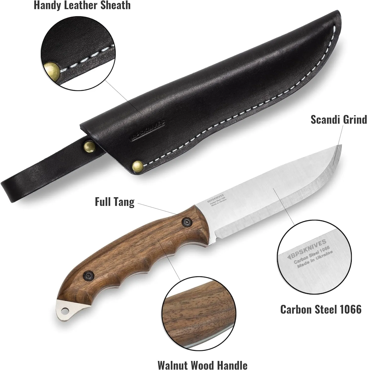 BPS Knives HK5 CSH - Left-Handed Knife - Camping Full-Tang Knife with Leather Sheath - Survival Tactical Knives - Camp Fixed-Blade Carbon Steel Knives - Scandinavian Sharpening
