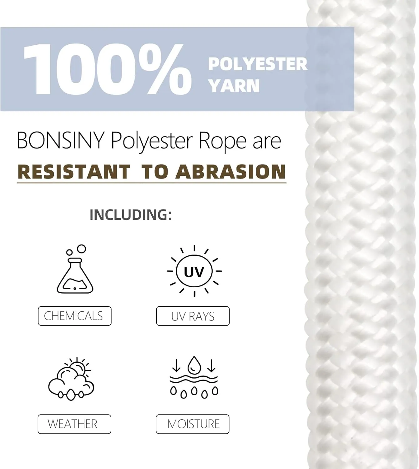 Braided Polyester Rope 3/8 inch x 100 feet - Heavy Duty Rope for Swing Tree Felling Pulling (White)