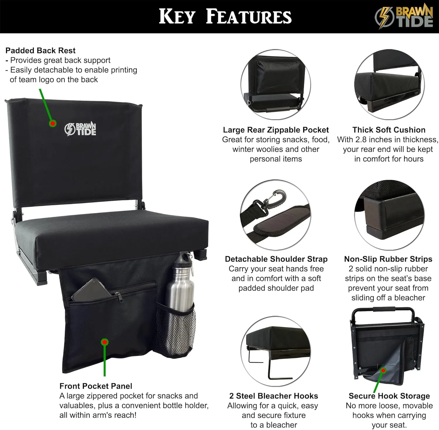 BRAWNTIDE Wide Stadium Seat - Extra Thick Cushion, Great Back Support, Lightweight Chair, Multiple Storage Pockets, Compact, Ideal for Sporting Events