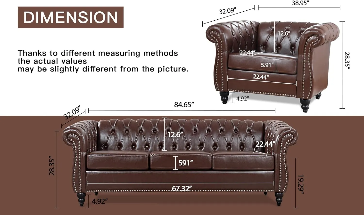 Brown Chesterfield Sofa2 Piece Set, Modern Faux Leather 3 Seater Couches and Sofa Chairs, Upholstered Tufted Button,Scroll Arms and Nailhead Trim, Sectional Sofa Set for Living Room Office Bedroom
