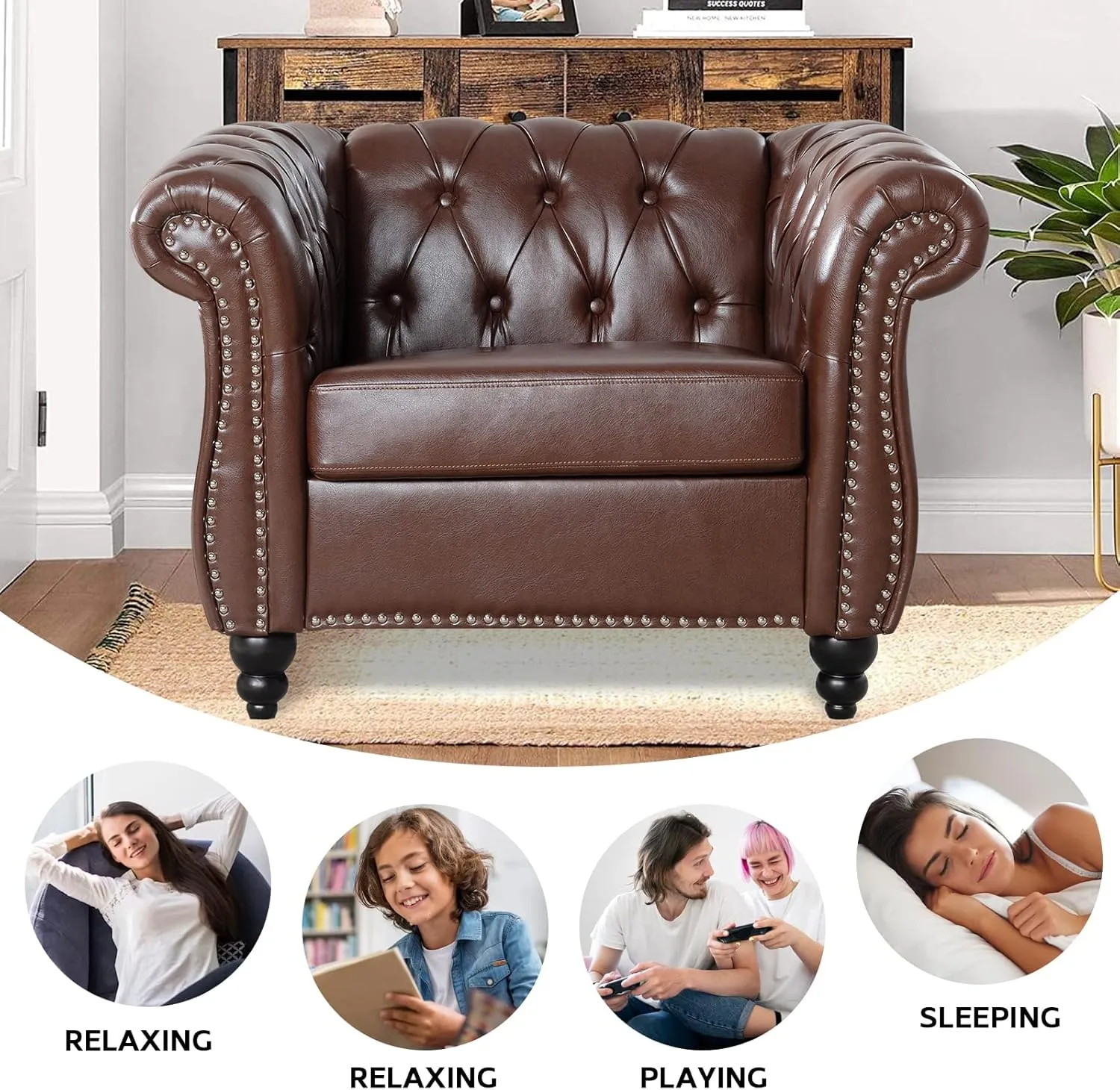 Brown Chesterfield Sofa2 Piece Set, Modern Faux Leather 3 Seater Couches and Sofa Chairs, Upholstered Tufted Button,Scroll Arms and Nailhead Trim, Sectional Sofa Set for Living Room Office Bedroom