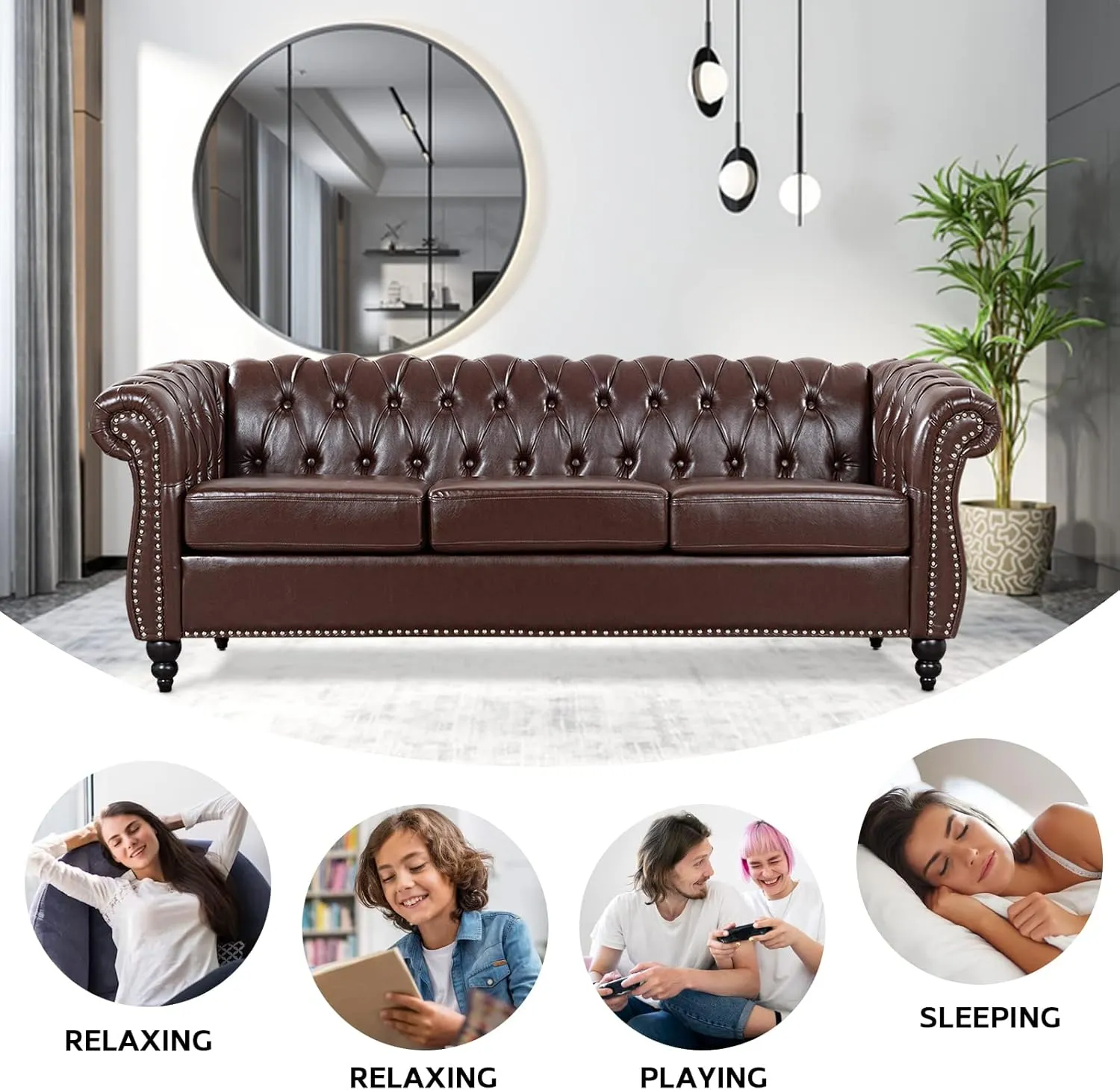 Brown Chesterfield Sofa2 Piece Set, Modern Faux Leather 3 Seater Couches and Sofa Chairs, Upholstered Tufted Button,Scroll Arms and Nailhead Trim, Sectional Sofa Set for Living Room Office Bedroom