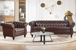 Brown Chesterfield Sofa2 Piece Set, Modern Faux Leather 3 Seater Couches and Sofa Chairs, Upholstered Tufted Button,Scroll Arms and Nailhead Trim, Sectional Sofa Set for Living Room Office Bedroom