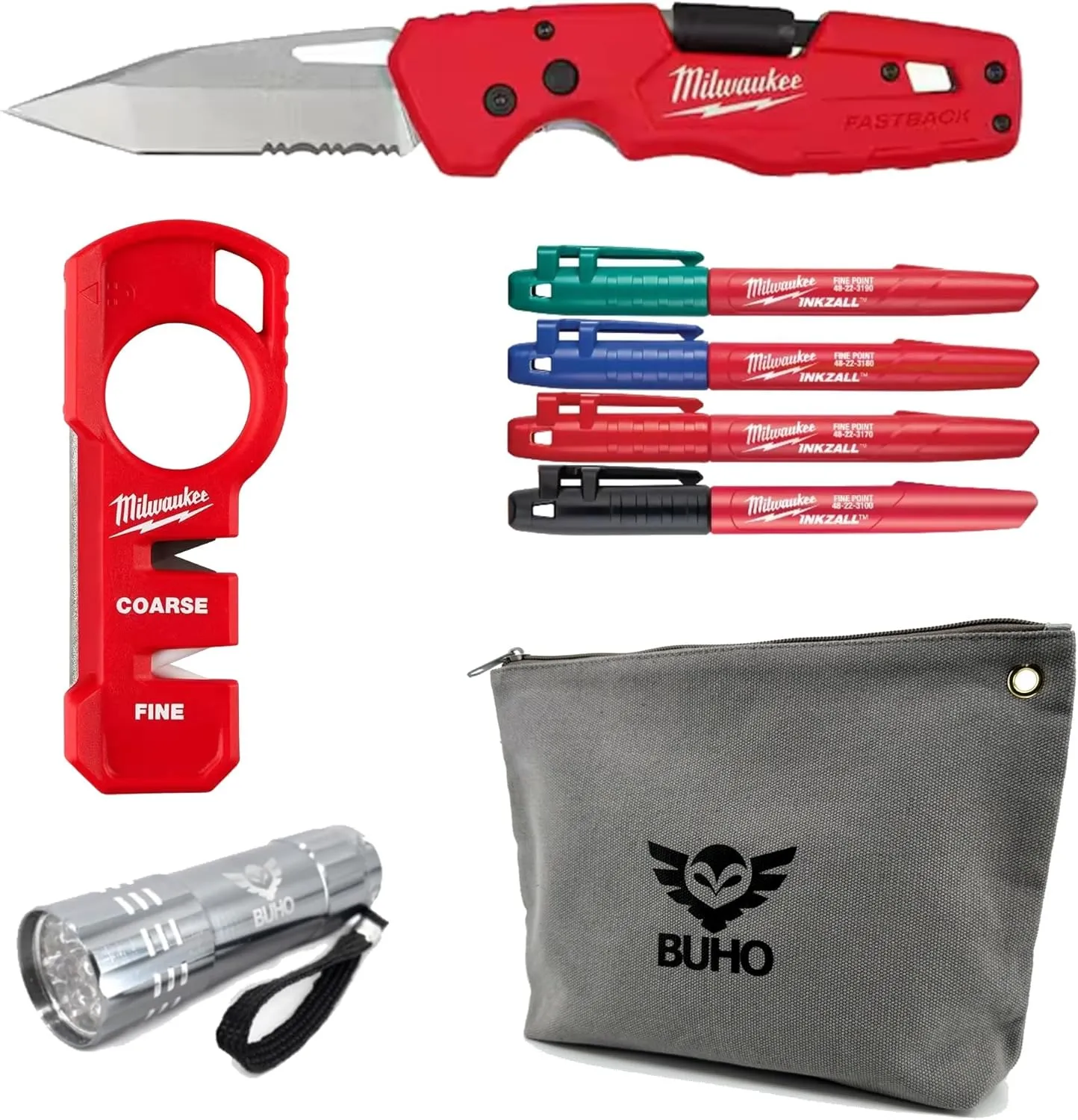 Buho Milwaukee 5-in-1 Folding Knife 3in Blade Bundle with Handheld Knife Sharpener, Multi-Colored Fine Point Permanent Markers (4-Pack), Zipper Pouch and Flashlight