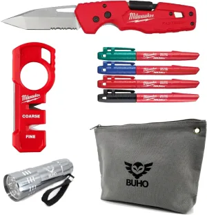 Buho Milwaukee 5-in-1 Folding Knife 3in Blade Bundle with Handheld Knife Sharpener, Multi-Colored Fine Point Permanent Markers (4-Pack), Zipper Pouch and Flashlight
