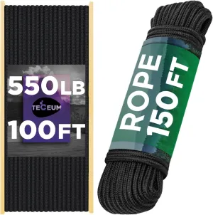 Bundle of 2 Items – TECEUM Paracord Type III 750 Black 100 ft (4mm) & Black Rope – 150 Feet x 1/4 Inch (7mm) – Camping, Crafting, Flag Pole, Indoor & Outdoor – Tactical Rope – EDC Parachute Cord