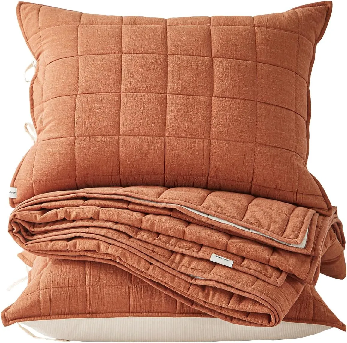 Burnt Orange Twin Quilt， Cotton Linen Twin Quilt Bedding Set，2-Pieces Quilted with Cream Stripe Coverlet Lightweight Bedding Comforters with 1 Pillow Sham