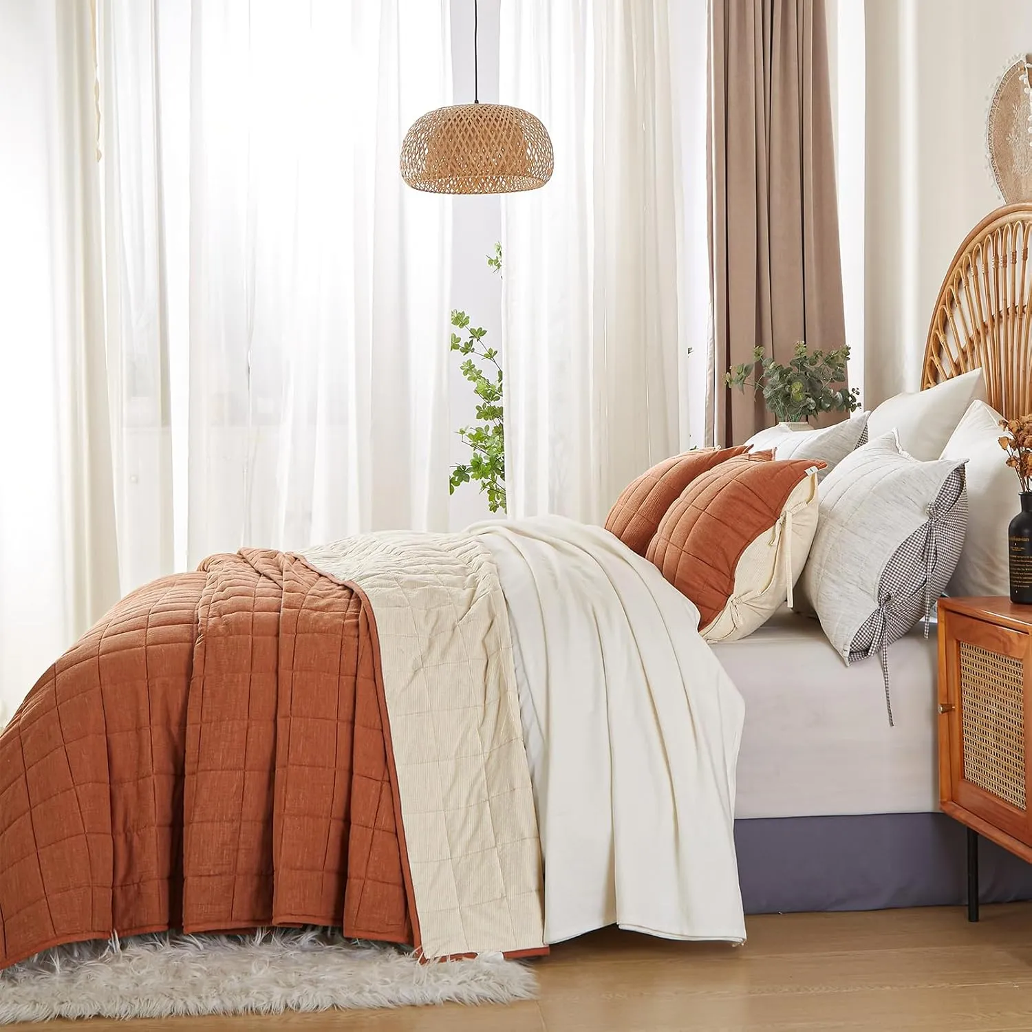 Burnt Orange Twin Quilt， Cotton Linen Twin Quilt Bedding Set，2-Pieces Quilted with Cream Stripe Coverlet Lightweight Bedding Comforters with 1 Pillow Sham