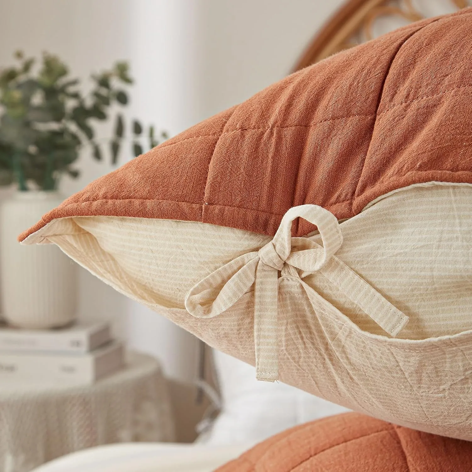 Burnt Orange Twin Quilt， Cotton Linen Twin Quilt Bedding Set，2-Pieces Quilted with Cream Stripe Coverlet Lightweight Bedding Comforters with 1 Pillow Sham