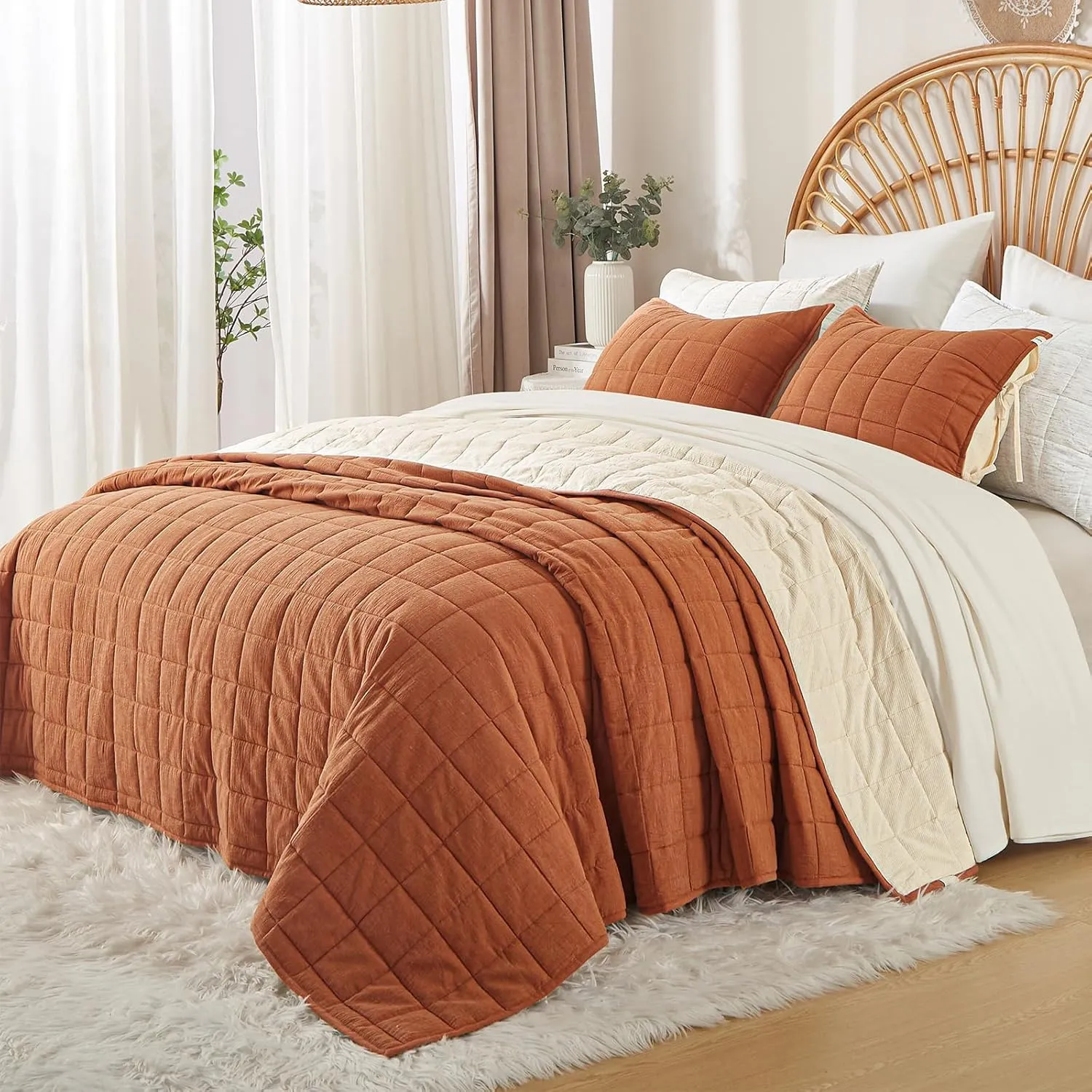 Burnt Orange Twin Quilt， Cotton Linen Twin Quilt Bedding Set，2-Pieces Quilted with Cream Stripe Coverlet Lightweight Bedding Comforters with 1 Pillow Sham