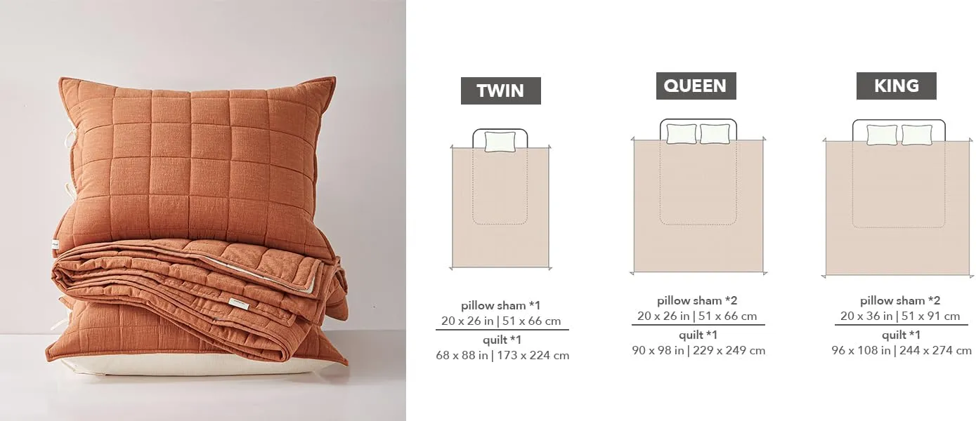 Burnt Orange Twin Quilt， Cotton Linen Twin Quilt Bedding Set，2-Pieces Quilted with Cream Stripe Coverlet Lightweight Bedding Comforters with 1 Pillow Sham