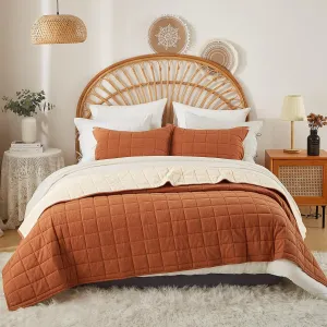 Burnt Orange Twin Quilt， Cotton Linen Twin Quilt Bedding Set，2-Pieces Quilted with Cream Stripe Coverlet Lightweight Bedding Comforters with 1 Pillow Sham