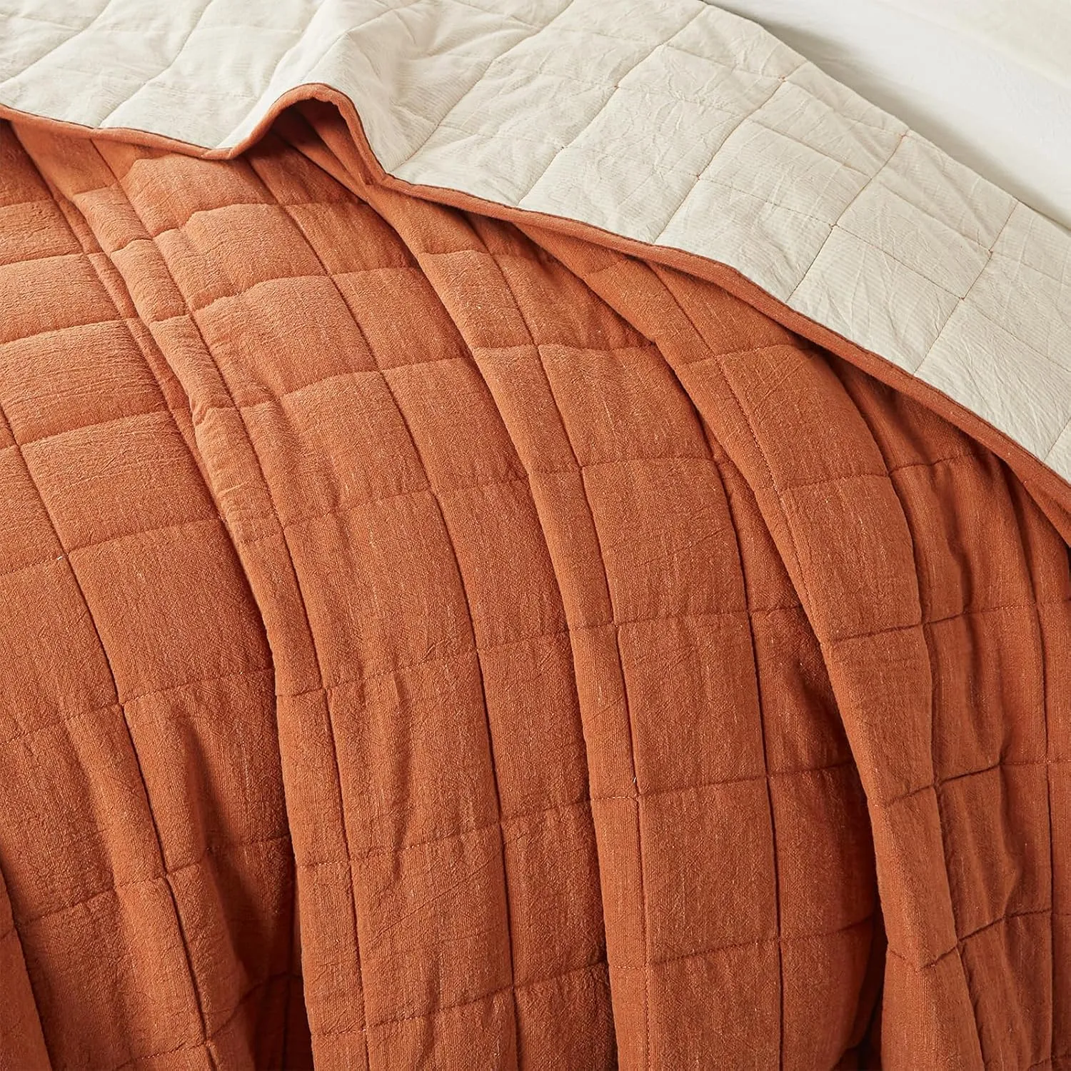 Burnt Orange Twin Quilt， Cotton Linen Twin Quilt Bedding Set，2-Pieces Quilted with Cream Stripe Coverlet Lightweight Bedding Comforters with 1 Pillow Sham