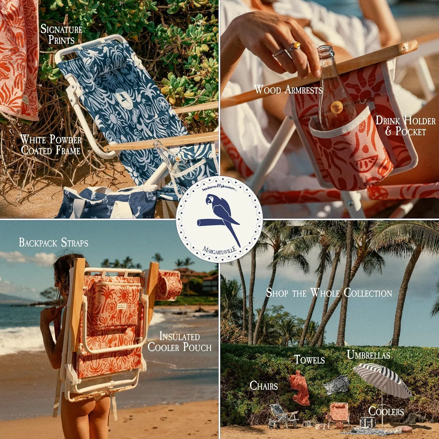 Business & Pleasure Co. Margaritaville Manana Backpack Beach Chair Lay Flat Reclining, Lightweight & Portable, Insulated Cooler Pocket, Last Mango Green Tiki