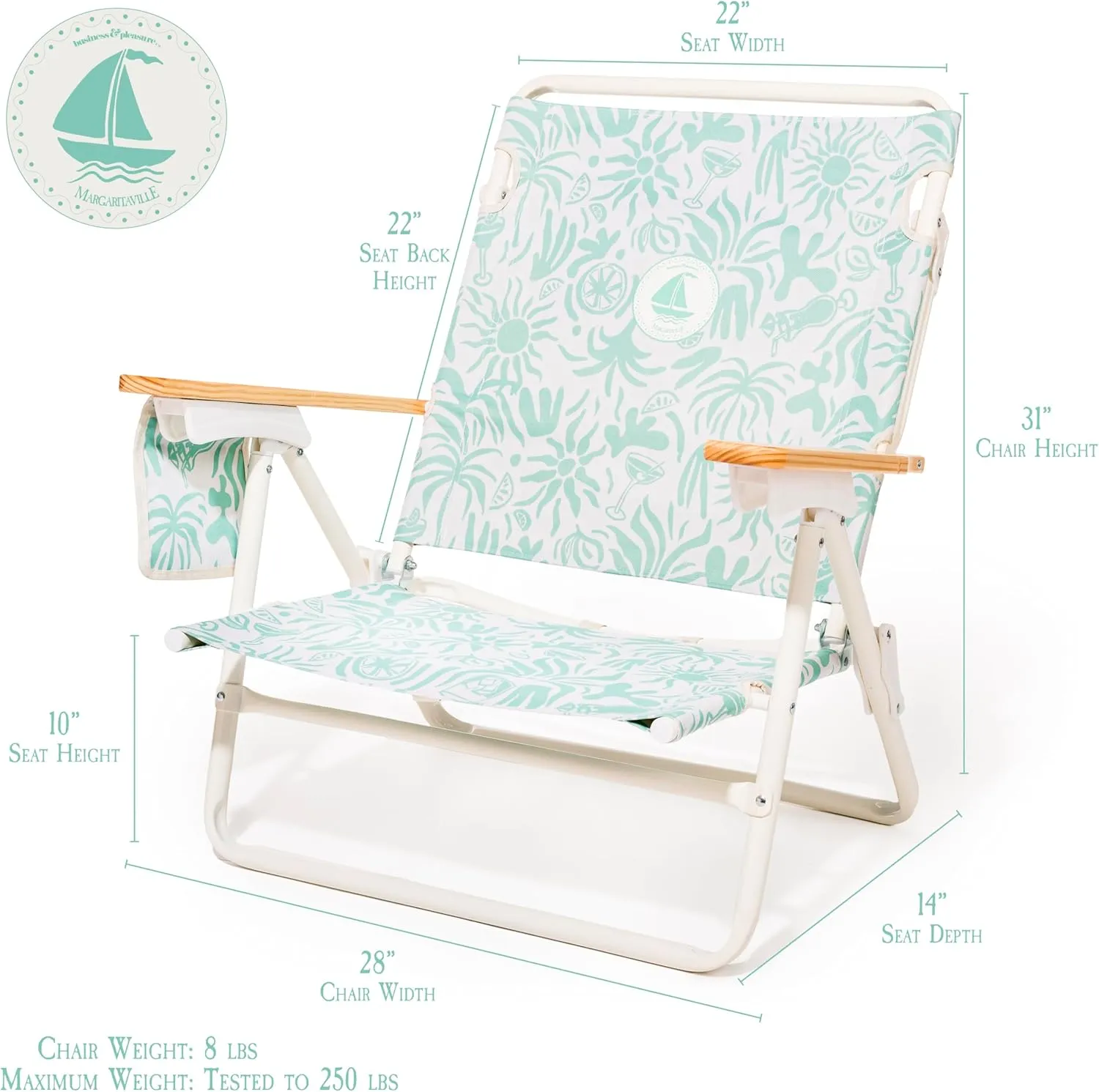 Business & Pleasure Co. Margaritaville Manana Backpack Beach Chair Lay Flat Reclining, Lightweight & Portable, Insulated Cooler Pocket, Last Mango Green Tiki