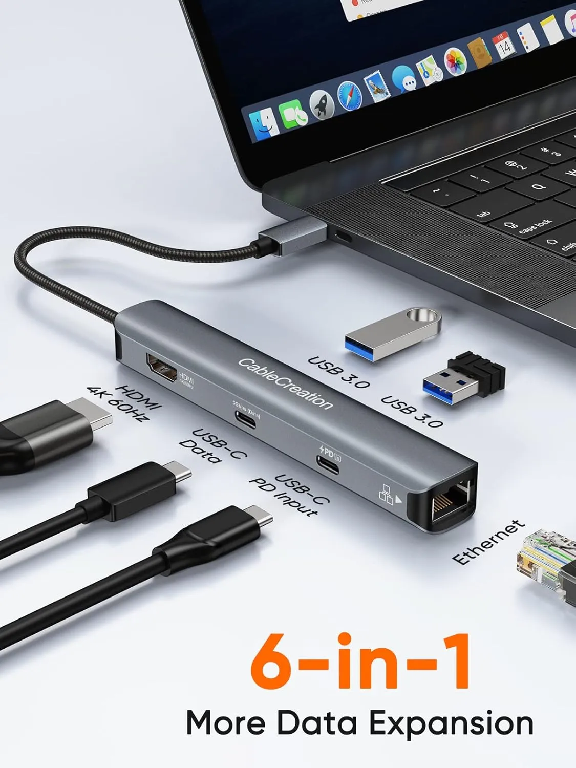 CableCreation 6-in-1 USB-C Hub/Multiport Adapter with 4K 60HZ HDMI, USB C Data Port, 1Gbps Ethernet, 100W Power Delivery, 2 USB 3.0 Port, for MacBook Pro Air M1, iPad Pro Air 2022-2018, XPS