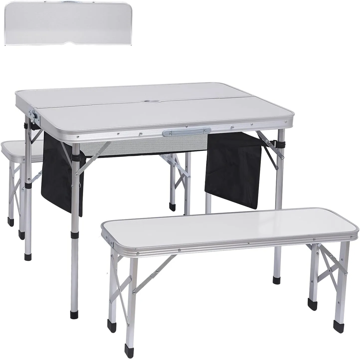 Camp Table Folding Camping Table Picnic Table Bench Set w/ 2 Benches, Table with Umbrella Hole for Adult for Kids (Off-White)