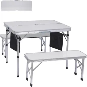 Camp Table Folding Camping Table Picnic Table Bench Set w/ 2 Benches, Table with Umbrella Hole for Adult for Kids (Off-White)