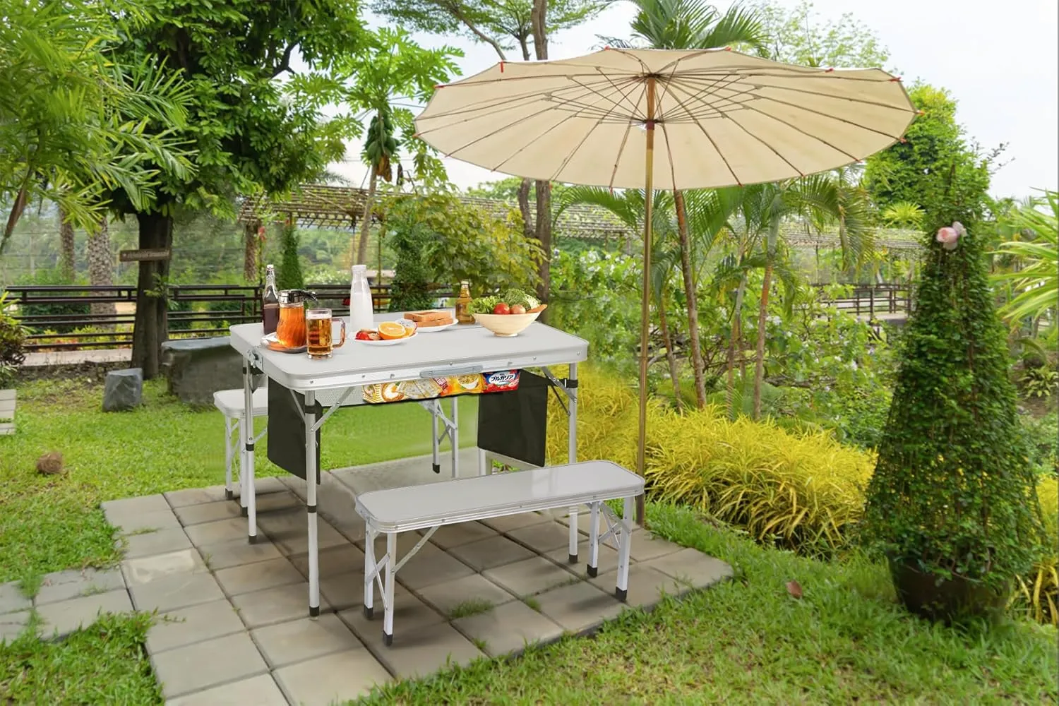Camp Table Folding Camping Table Picnic Table Bench Set w/ 2 Benches, Table with Umbrella Hole for Adult for Kids (Off-White)